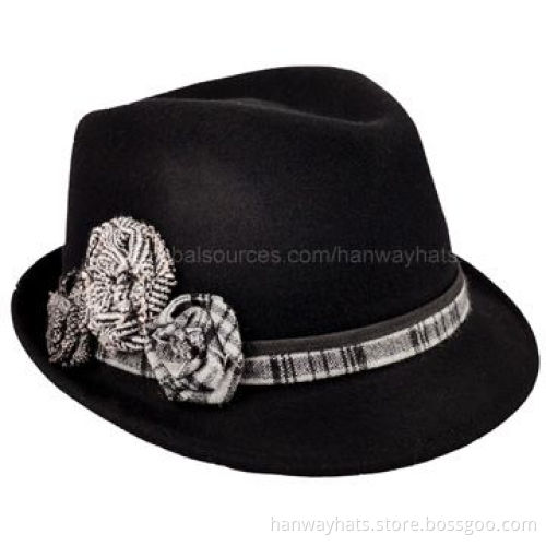 Fashionable Women's Short Brim Fedora Hat with Menswear Band and Flower TrimNew